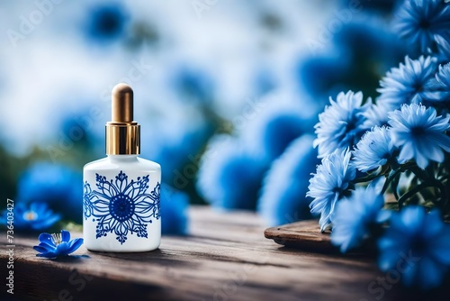 elegant perfume bottle on beige and blue floral background , delicate and precious cosmetics products