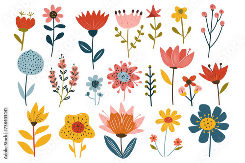 Scandinavian folk style flowers set for Mothers Day, seamless pattern, fairy flowers illustration