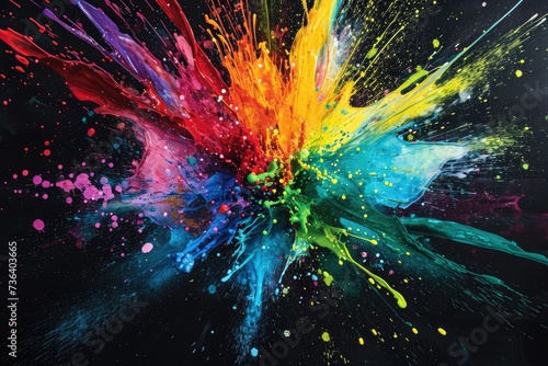 A dynamic explosion of various vivid paint colors against a contrasting black backdrop  creating a visually striking display  An energetic burst of colors  resembling a paint splatter  AI Generated