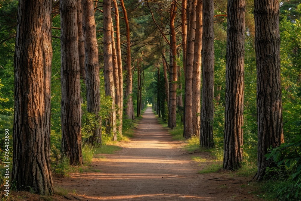 Fototapeta premium A winding path leads through the heart of the forest, flanked by tall and imposing trees, An entrance framed by towering pines in a secluded woodland park, AI Generated