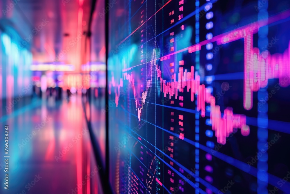 A vibrant and visually striking display of data sets and charts showcased on a wall, An exciting visual of the stock market's financial fluctuations, AI Generated A vibrant and visually striking display of data sets and charts showcased on a wall, An exciting visual of the stock market's financial fluctuations, AI Generated