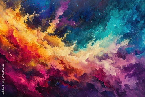 A vibrant painting depicting a sky filled with beautifully colored clouds, An explosion of jewel tones forming an abstract galaxy, AI Generated