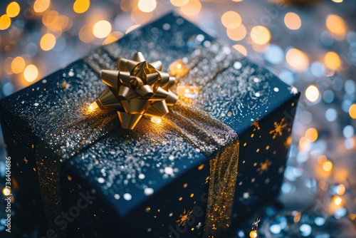 A black present box with a shiny gold bow sits elegantly on a table, An extravagantly wrapped gift box with fancy bows, glitter, and sparkling lights, AI Generated
