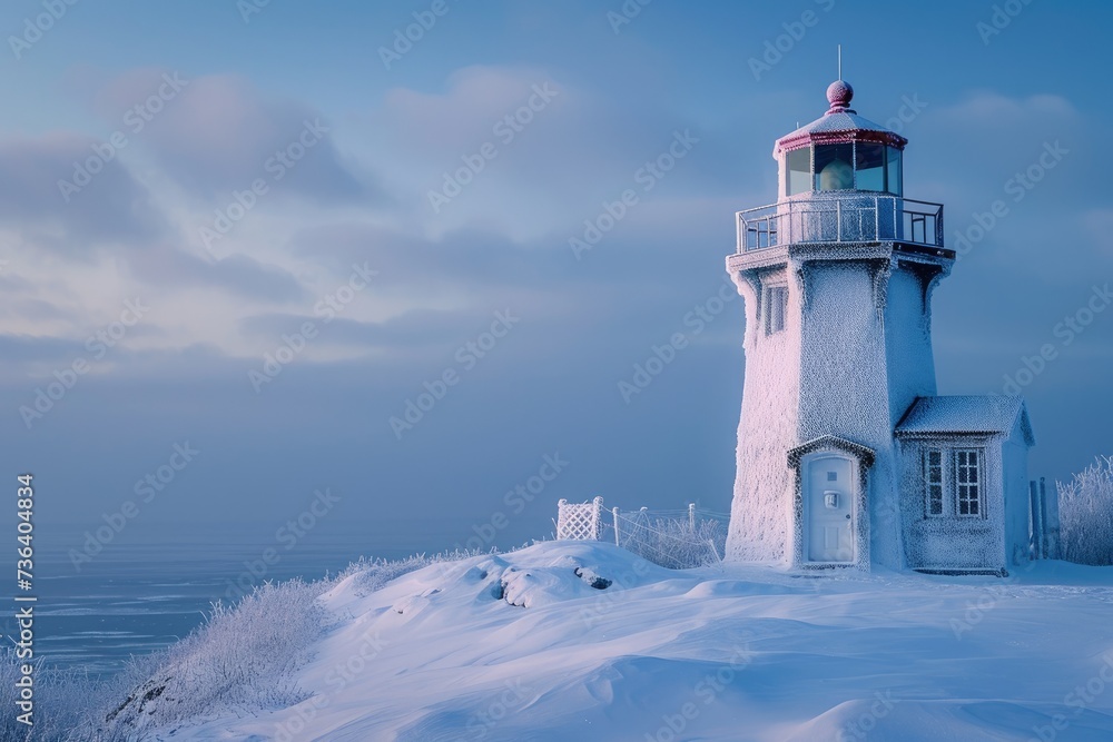 Majestic Lighthouse on Snow-Covered Hill, An ice covered lighthouse facing an open, frost-kissed sea, AI Generated