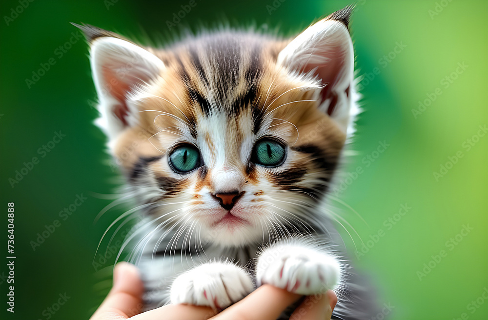 Kitten in the palm of your hand on a green background.