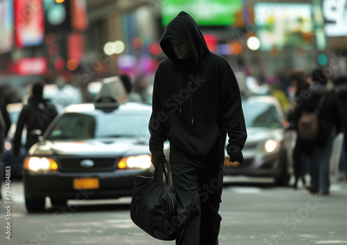 Mysterious Person in Hoodie Walking Confidently in Bustling City Street. Concept of the fight against terrorism or anti-terrorism.