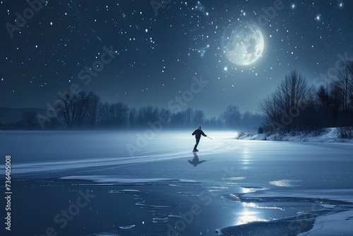 A person is walking across a frozen lake under the dark night sky, with shimmering ice and soft snow covering the ground, An ice skater tracing a path on a frozen moonlit pond, AI Generated