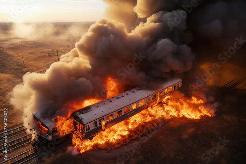 Dramatic Fiery Train Wreck Scene at Sunset with Billowing Smoke and Intense Flames. Concept of the fight against terrorism or anti-terrorism.