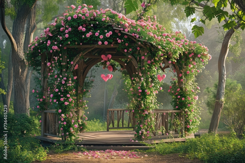 Fototapeta premium A painting depicting a gazebo adorned with vibrant pink flowers, An idyllic gazebo adorned with pink roses and heart-shaped vines, AI Generated