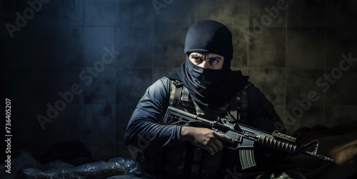 Masked Armed Man in Dark Room Holding Assault Rifle Ready for Combat. Concept of the fight against terrorism or anti-terrorism.