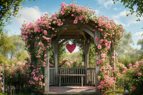 A gazebo adorned with pink flowers and a heart-shaped decoration  An idyllic gazebo adorned with pink roses and heart-shaped vines  AI Generated