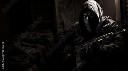 Masked Person Holding a Gun in a Dark Room with Intense Atmosphere. Concept of the fight against terrorism or anti-terrorism.