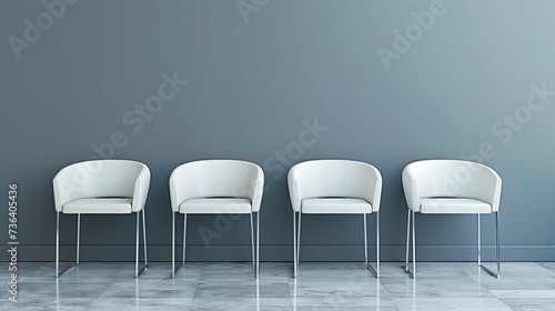 Row of five white chairs on gray wall background in office or living room  nobody