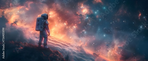 An astronaut stands on a distant planet looking at the beautiful scenery and wonderland, background, universe and space, beauty. Generative AI.