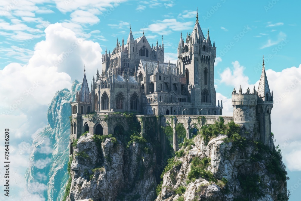 A magnificent castle stands proudly on the summit of a towering mountain enveloped by clouds, An imposing Gothic fortress perched on a rocky outcrop, AI Generated