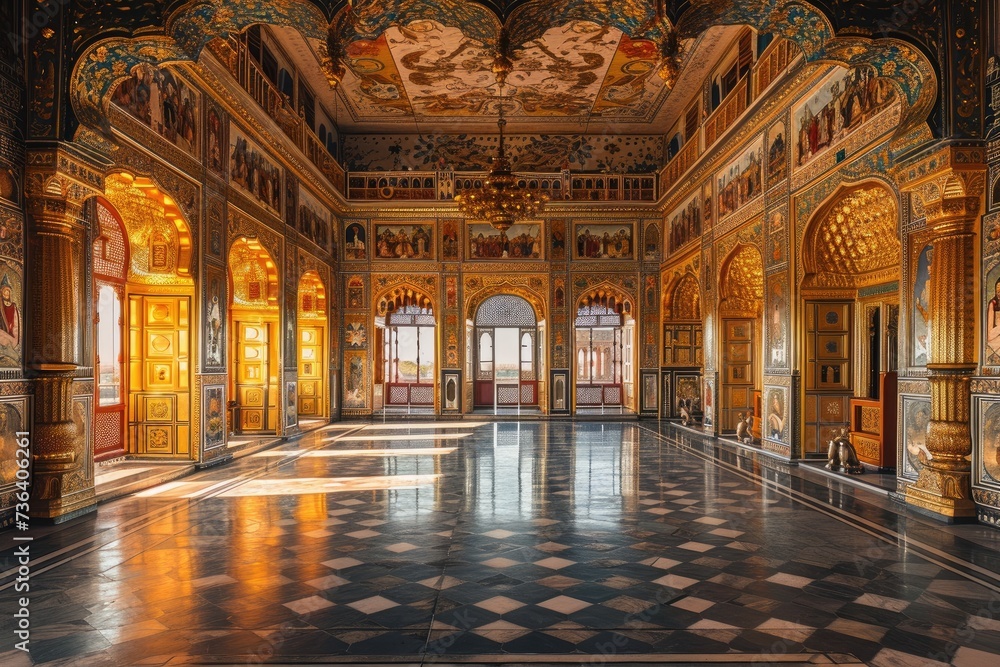 A large room featuring a checkered pattern on the floor and walls, An imposing royal palace adorned with intricate art and gold leaf, AI Generated