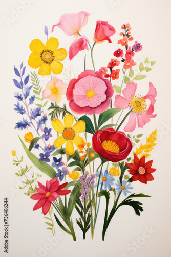 Large bouquet of field flowers, illustration on white background for Mother's Day card