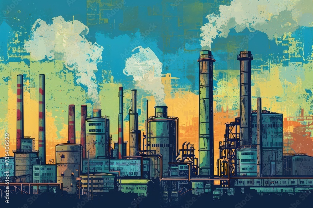 A painting depicting a factory with multiple smoke stacks emitting pollution into the air, An industrial city skyline displaying different architectural structures, AI Generated