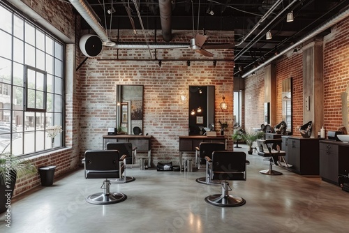 A brightly lit salon with a brick wall and numerous chairs for customers to receive hair and beauty services, An industrial-style hair salon with exposed brick and steel furniture, AI Generated photo