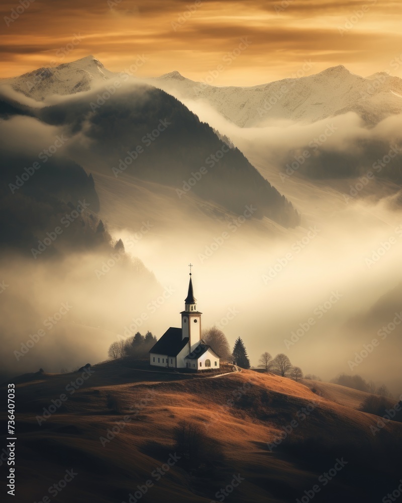 A church stands atop a hill, its silhouette blending into the fog that envelopes the surrounding landscape.