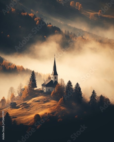 A photo of a church situated on a hill and obscured by a thick layer of fog. © pham