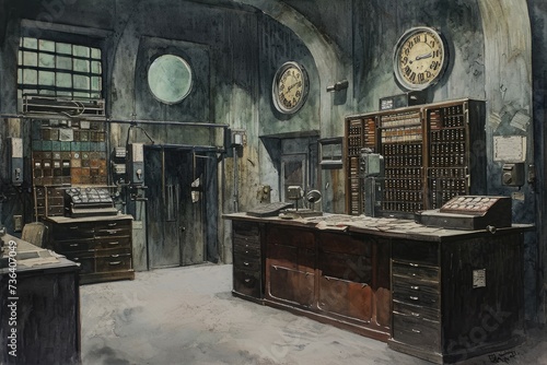 A detailed depiction of a room featuring a desk and two clocks in a realistic painting, An ink and wash painting of an age-old banking system, AI Generated