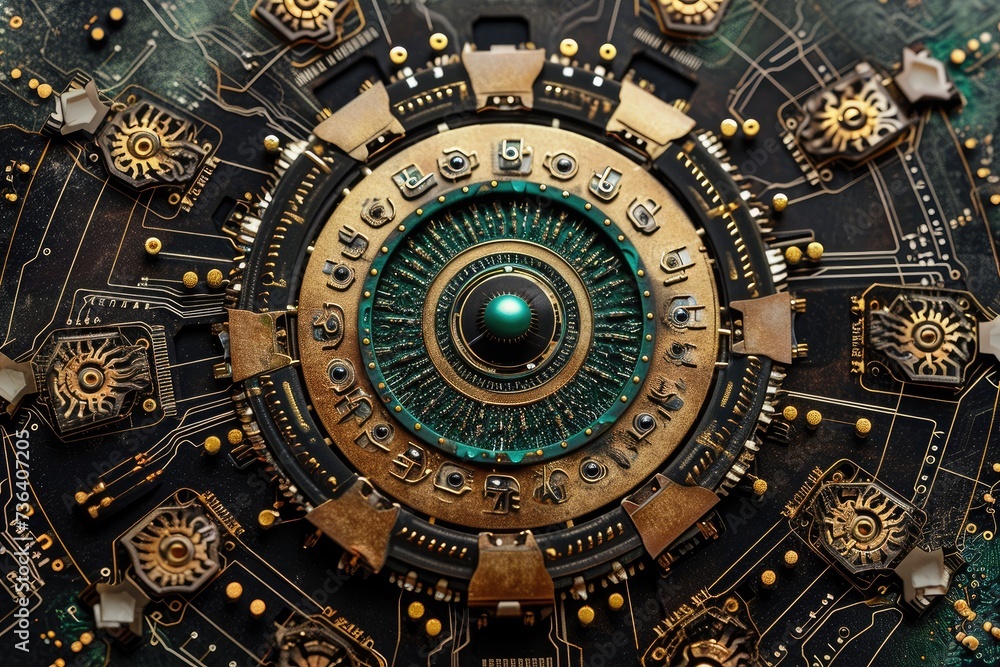 Fototapeta premium Close-up of Clock With Green Center, An information technology-themed mandala depicting motifs of computer hardware, AI Generated