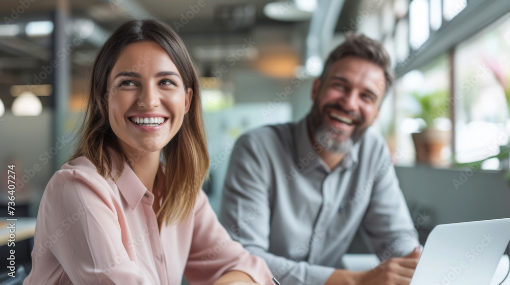 Two colleagues share a light-hearted moment, smiling and engaging in a discussion during a collaborative office meeting, suggesting a positive and productive work environment. Two colleagues share a light-hearted moment, smiling and engaging in a discussion during a collaborative office meeting, suggesting a positive and productive work environment.