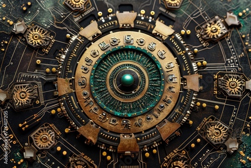 Close-up of Clock With Green Center, An information technology-themed mandala depicting motifs of computer hardware, AI Generated photo