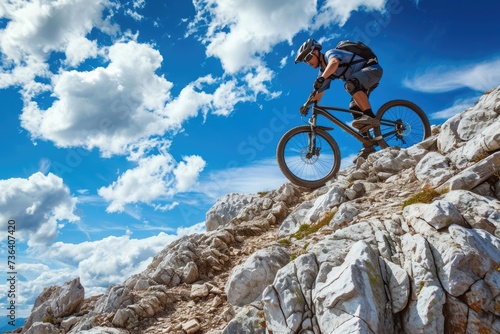 A man wearing protective gear rides a mountain bike down a steep and rocky slope, braving the challenging terrain, An inspiring mountain biker conquering a rocky path, AI Generated