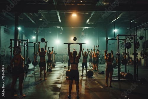 A diverse group of individuals are seen actively participating in various workout activities at a well-equipped gym  An intense CrossFit session in a warehouse-style gym  AI Generated