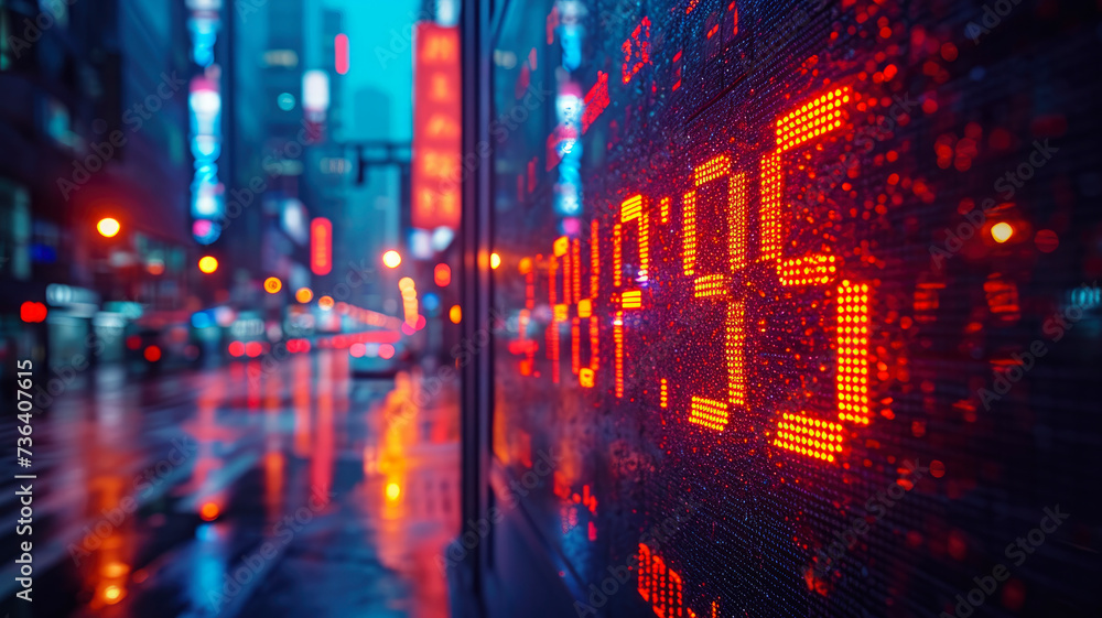 Obraz premium Live Stock Market Ticker in Urban Financial District - Real-Time Stock and Crypto Price Updates, AI Generated