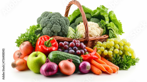 An assortment of colorful fresh vegetables and fruits spilling out of a wicker basket, representing a healthy diet and nutrition.