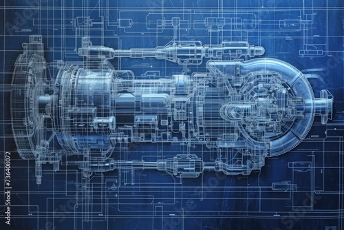 A detailed blueprint drawing showcasing the intricate design and components of a jet engine, An intricate blueprint of a robot's inner machinery, AI Generated