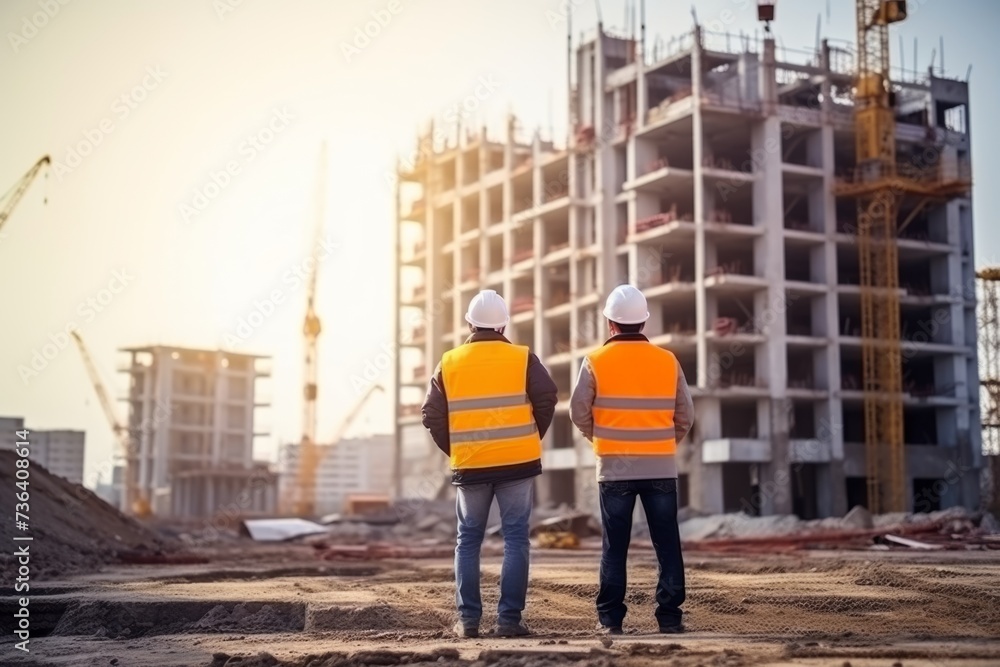 Builder engineer architect discussion building plan technical expertise modern construction site manufacturing safety work contractor examines manages job teamwork international team inspection check