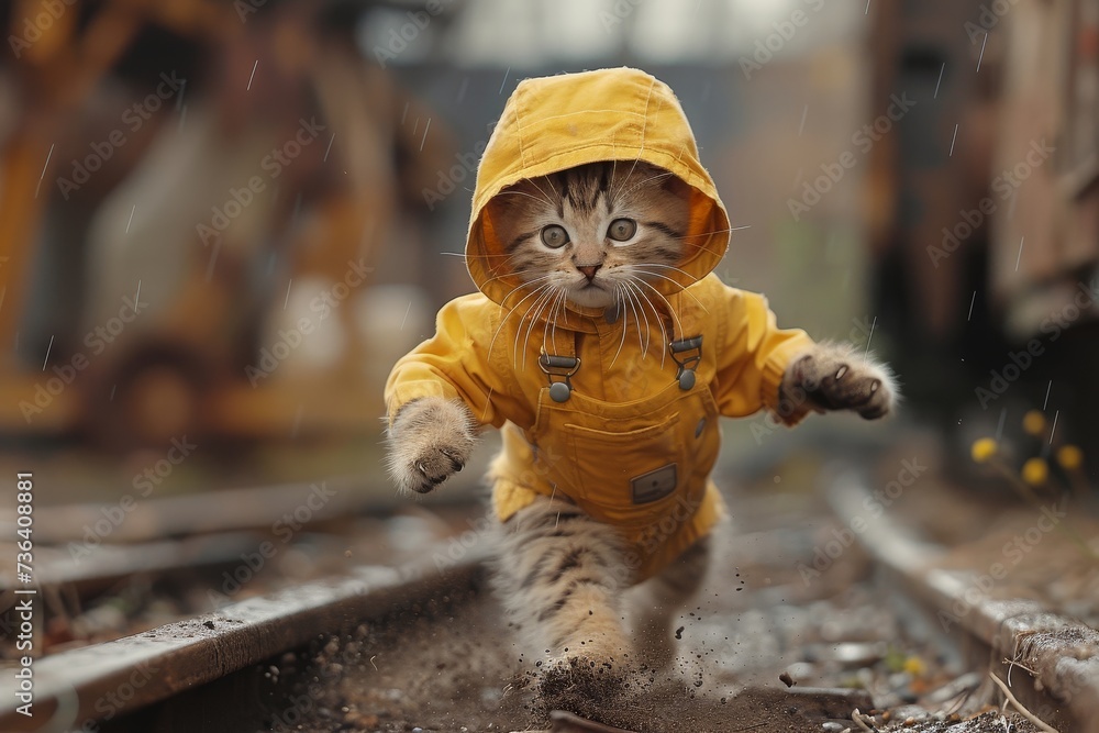 A whimsical cat sporting a vibrant yellow rain coat dashes across the tracks, leaving a trail of joy and childlike wonder in its wake