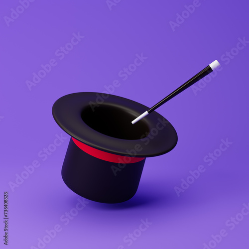 Magic hat with red ribbon and magic wand stick isolated over purple background. 3d rendering.