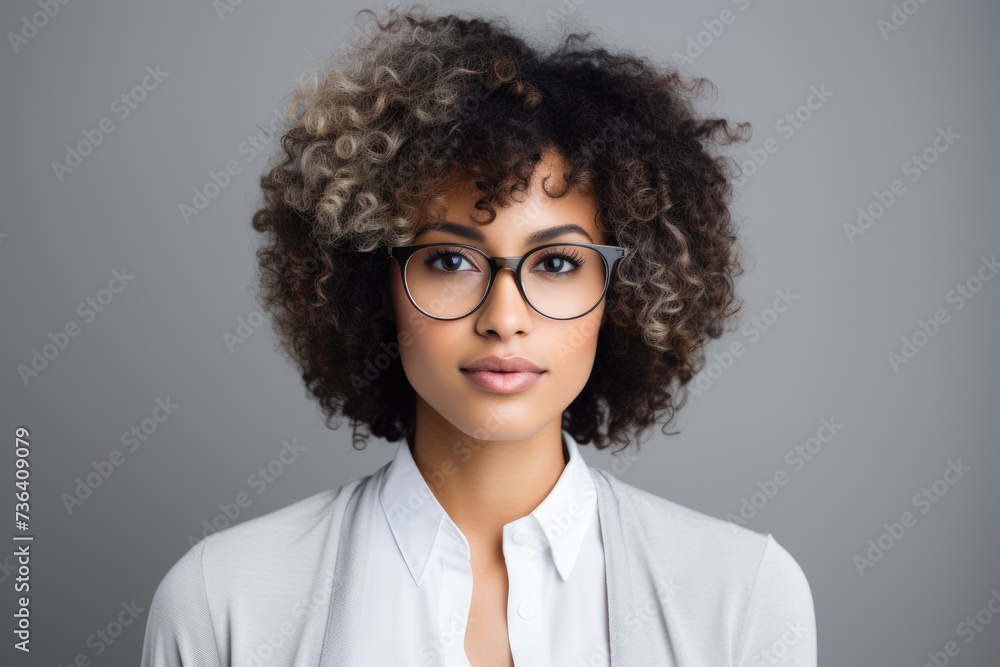 Obraz premium A woman wearing glasses and a white shirt is captured in this photograph.
