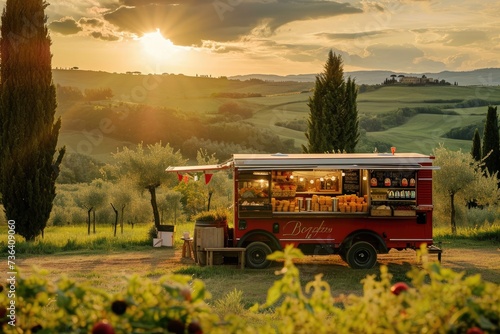 Fototapeta Naklejka Na Ścianę i Meble -  A food truck is parked in a field as the sun sets in the background, An Italian pasta food truck under the Tuscan sun, AI Generated
