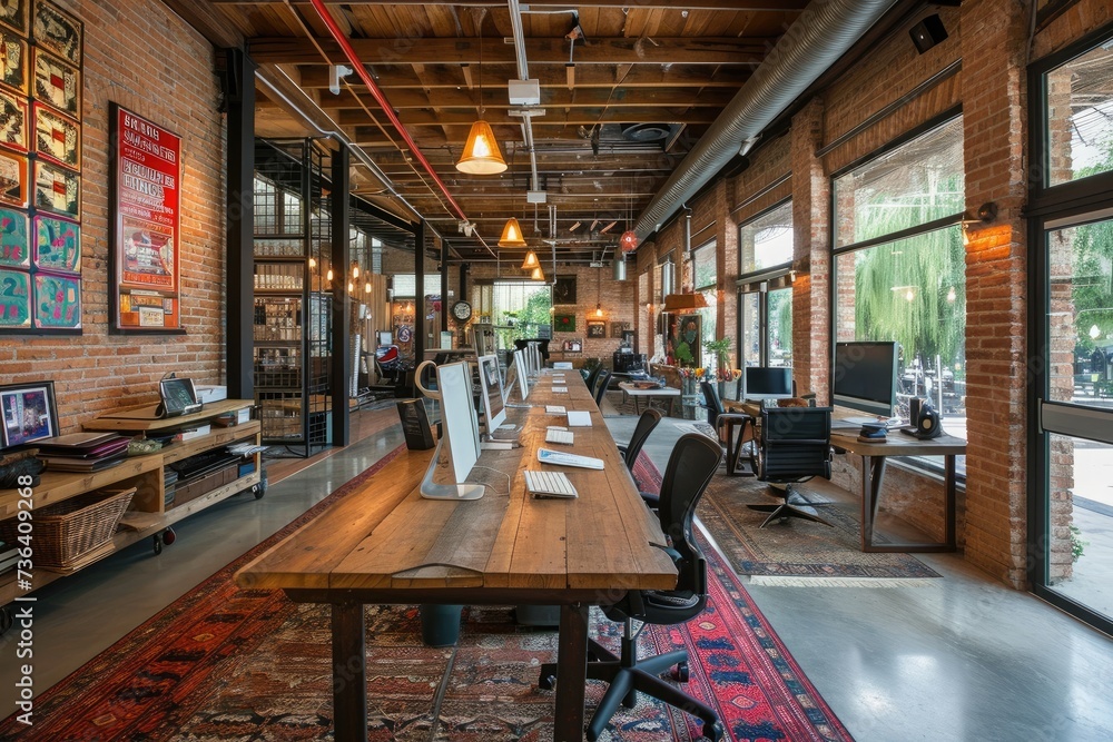 A long wooden table dominates a large room, creating a focal point for gatherings and meetings, An office space with a rustic charm and an open-air feel, AI Generated A long wooden table dominates a large room, creating a focal point for gatherings and meetings, An office space with a rustic charm and an open-air feel, AI Generated