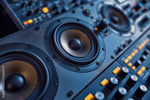 Close up of speakers on a mixer. Versatile image suitable for music-related projects