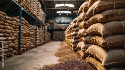 Coffee sack inventory at a contemporary substantial warehouse with big copy space, Generative AI. photo