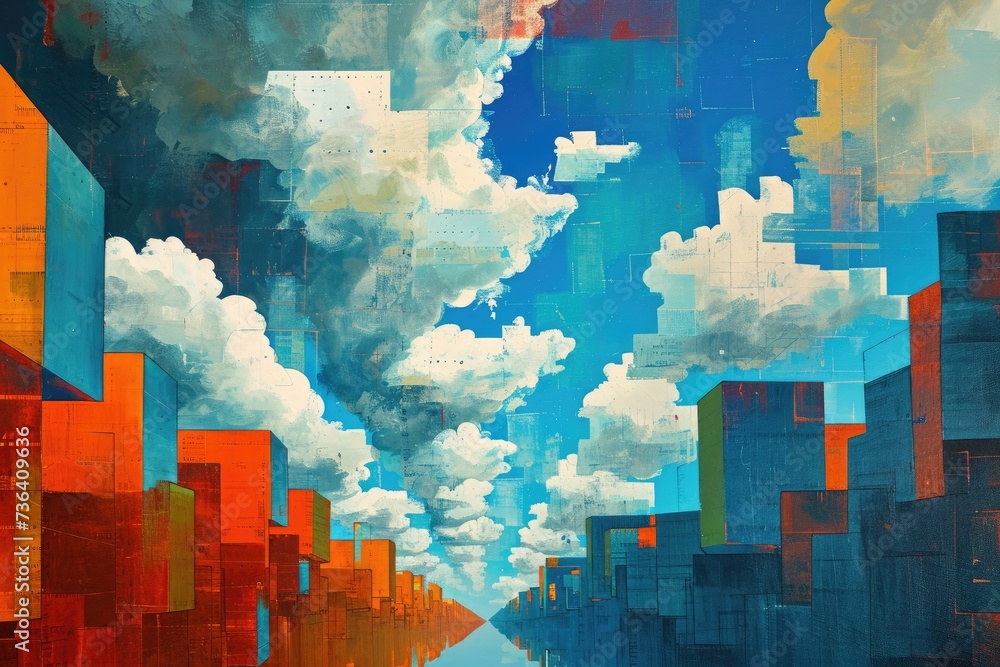 This painting captures a sky with billowing clouds, showcasing the natural beauty of cloud formations, An oil painting style depiction of modern cloud storage, AI Generated This painting captures a sky with billowing clouds, showcasing the natural beauty of cloud formations, An oil painting style depiction of modern cloud storage, AI Generated