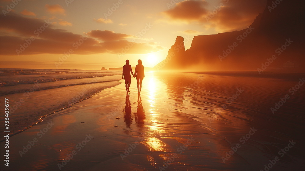 Silhouetted couple holding hands on a serene beach with the warm glow of the setting sun. - obrazy, fototapety, plakaty 