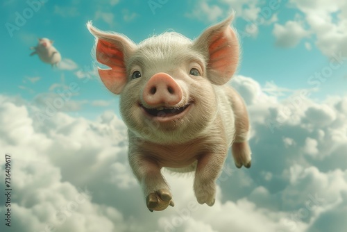 A curious domestic pig takes to the skies, its snout sniffing the clouds as it revels in the freedom of the open air