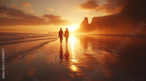 Silhouetted couple holding hands on a serene beach with the warm glow of the setting sun.