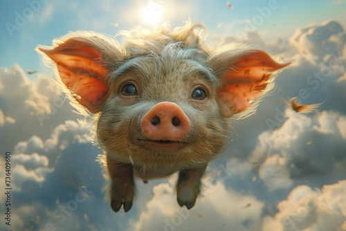 A majestic domestic pig defies gravity as it soars through the clouds, a symbol of determination and limitless possibilities for all mammals