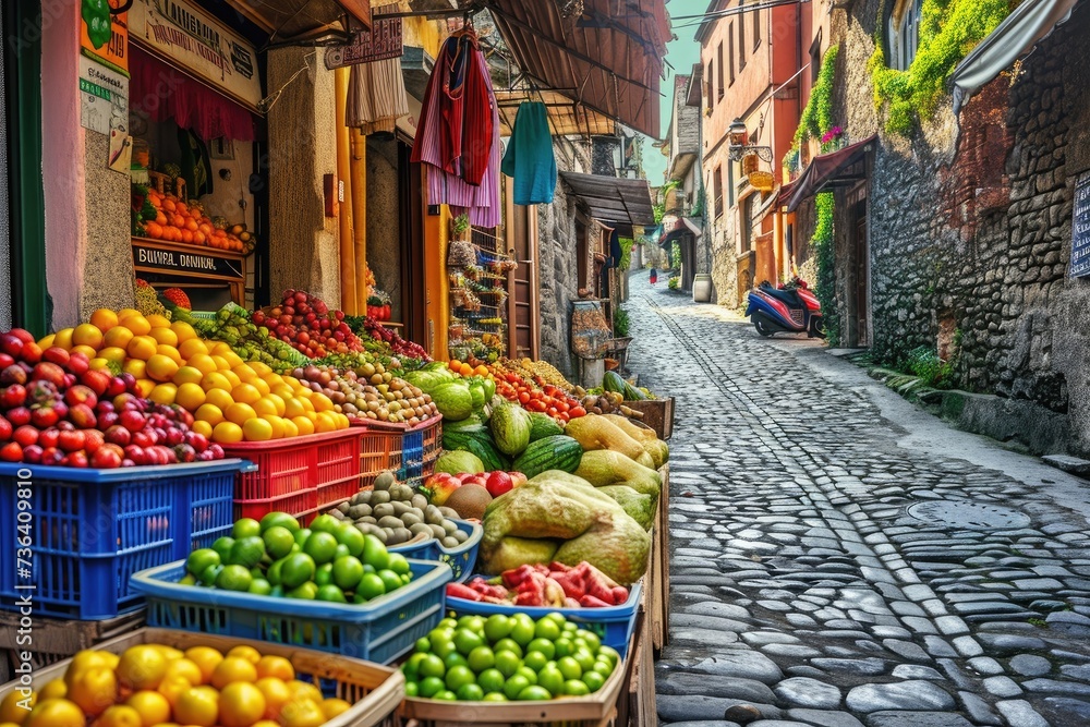 Vibrant Street Overflowing With Fresh Fruits and Vegetables, An old cobbled street in a town with colorful market stalls filled with fresh summer fruit, AI Generated