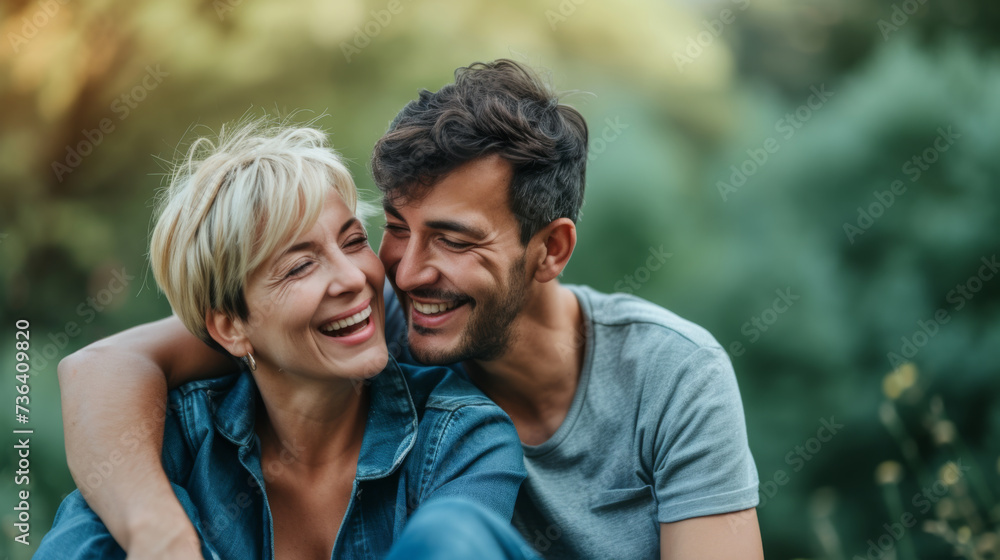 middle-aged couple is sharing a close, joyful moment, laughing and affectionately resting their heads together outdoors with a blurred green background.