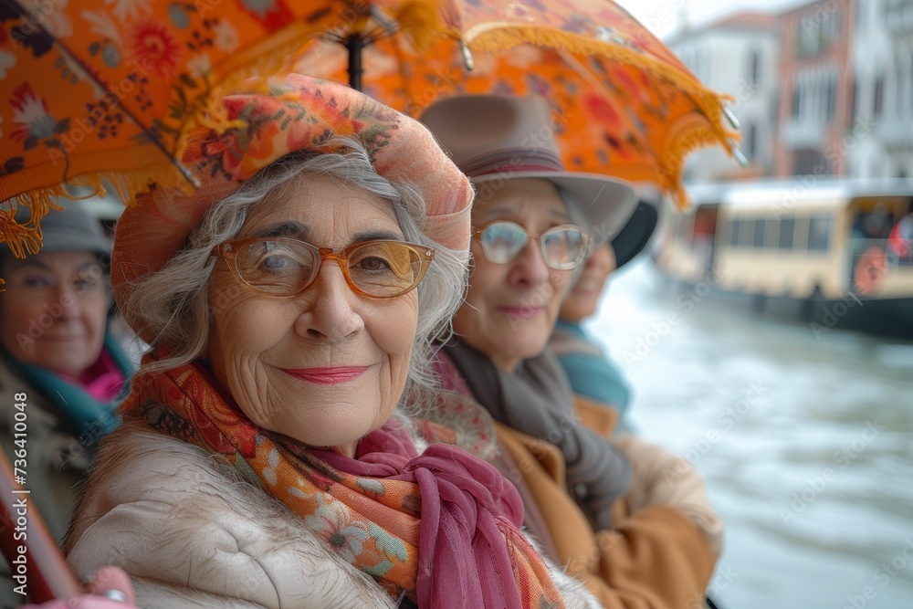 A group of stylish women, donning chic clothing and fashionable accessories, happily smile while holding umbrellas to shield themselves from the water as they stand by a boat on a sunny day outdoors
